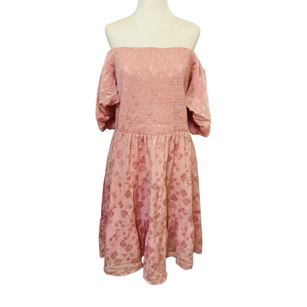NEW‎ Pink Floral Print Off Shoulder Smocked Tiered Midi Dress XXL - Picture 2 of 8